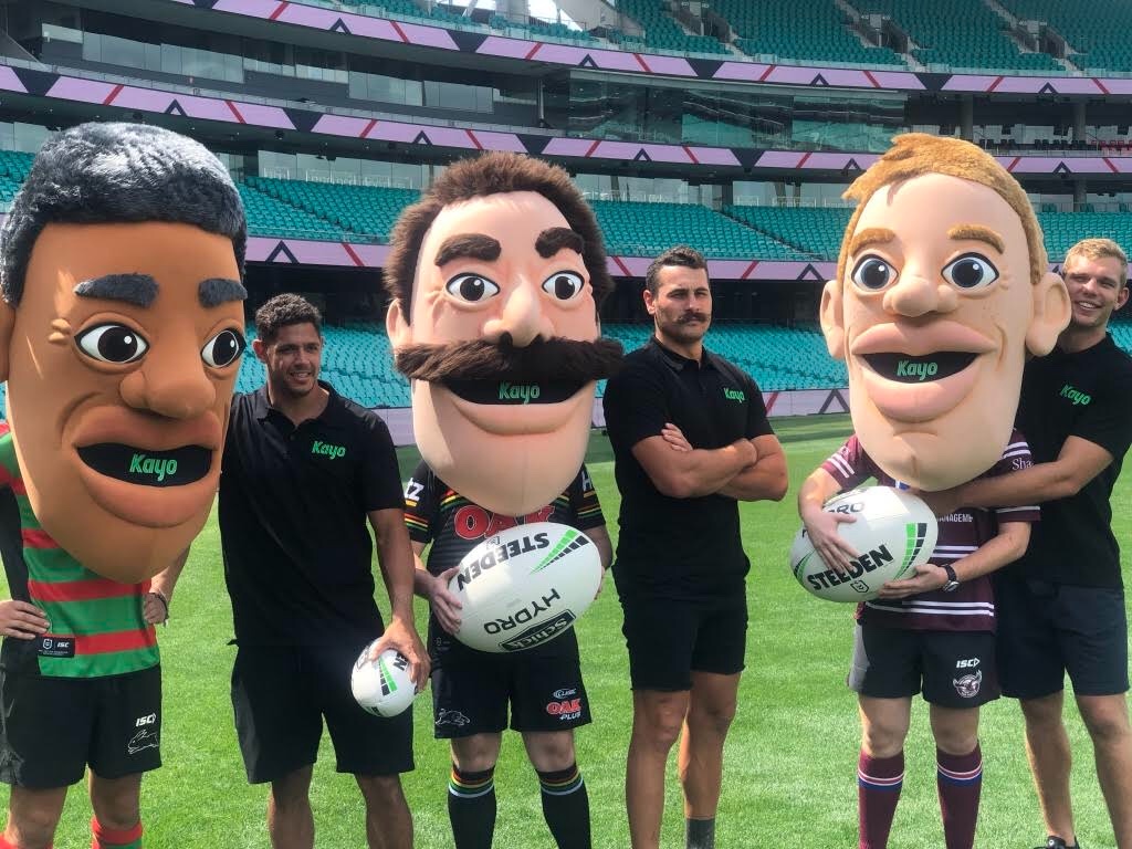Giant Heads and Polos Shirts 1800 Projects made for Kayo Sports NRL Athletes, Tommy Turbo, Dane Gagai and Reagan Campbell-Gillard