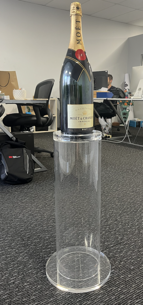 Custom made Moet & Chandon Jeroboam bottle clear acrylic plinth.